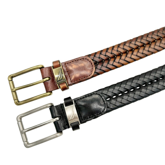 2 Nautica Braided Genuine Leather Belts In Black and Brown Metal Buckles Size 34