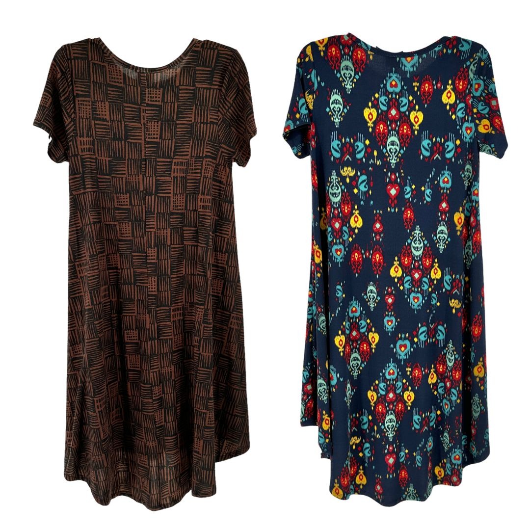 LuLaRoe Retired Carly Bundle of 2 Small Dresses all NWT Multicolors