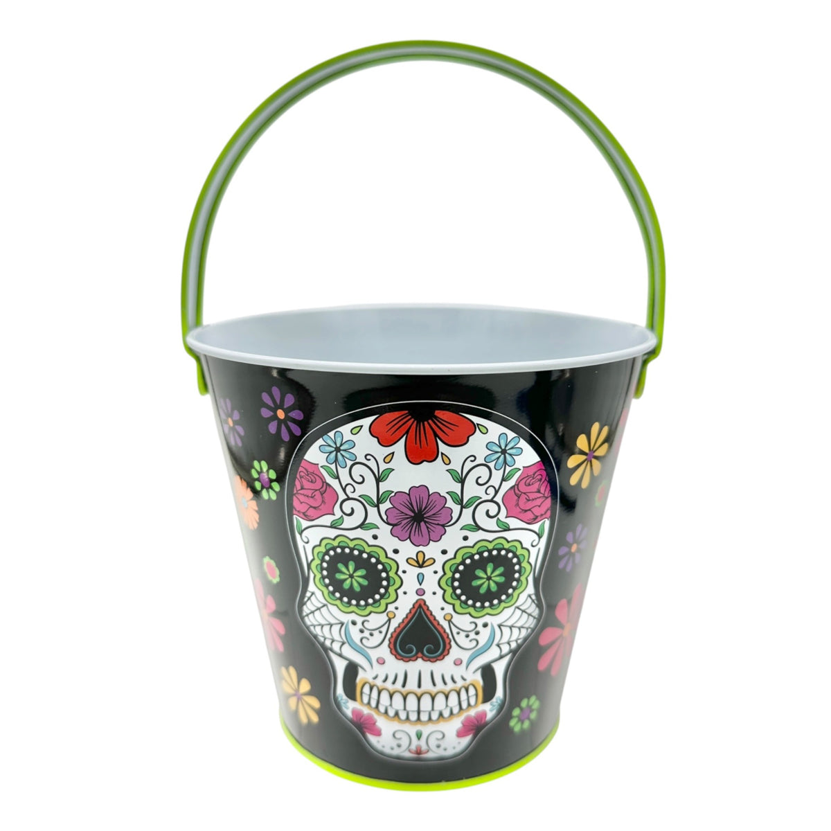 Sugar Skull Metal Bucket 5" Tall Greenbrier Intl Black & Green Day Of The Dead