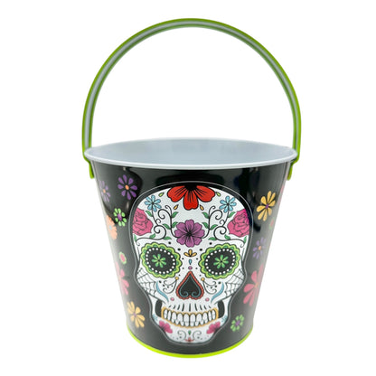Sugar Skull Metal Bucket 5" Tall Greenbrier Intl Black & Green Day Of The Dead