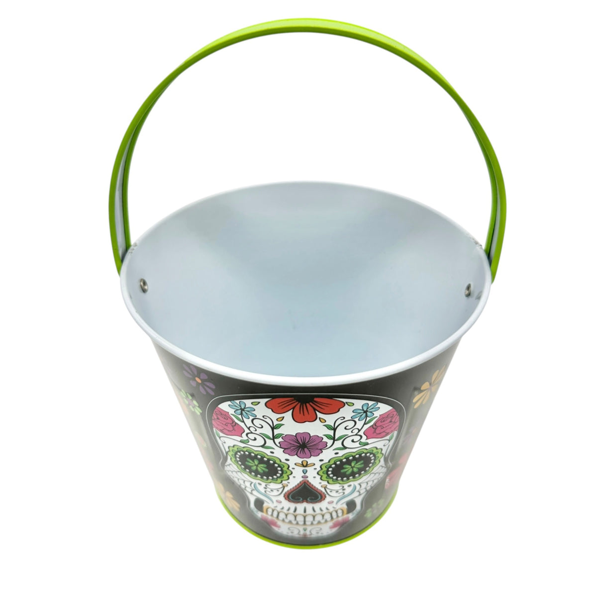 Sugar Skull Metal Bucket 5" Tall Greenbrier Intl Black & Green Day Of The Dead