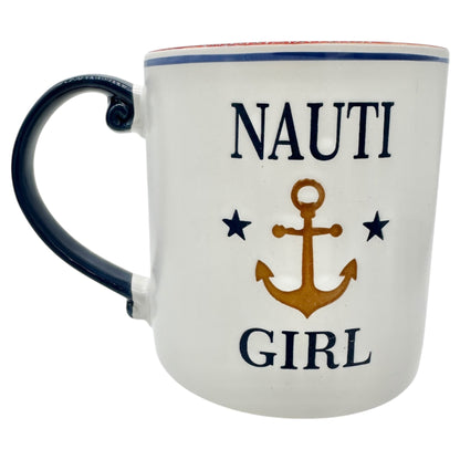 Nautical Themed Ceramic Mug With "Nauti Girl" Anchor Design 16 Oz Red Interior