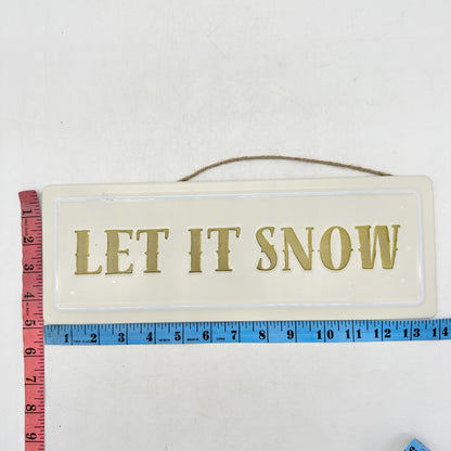 Let It Snow Hanging Sign Gold & White Christmas Decor Indoor Use 14”x5”