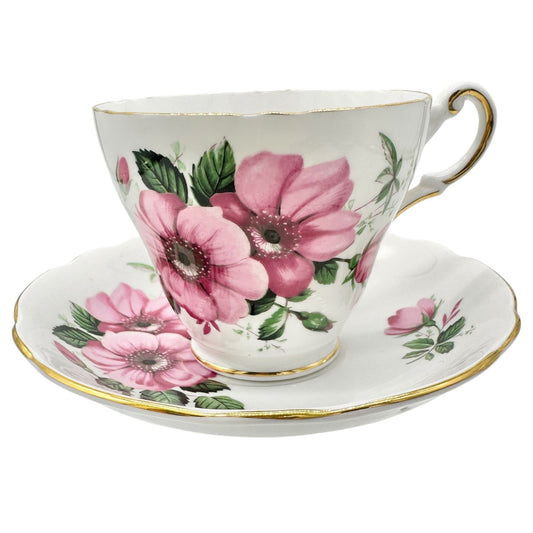 Regency English Bone China Pink Floral Teacup Saucer England Fine Porcelain