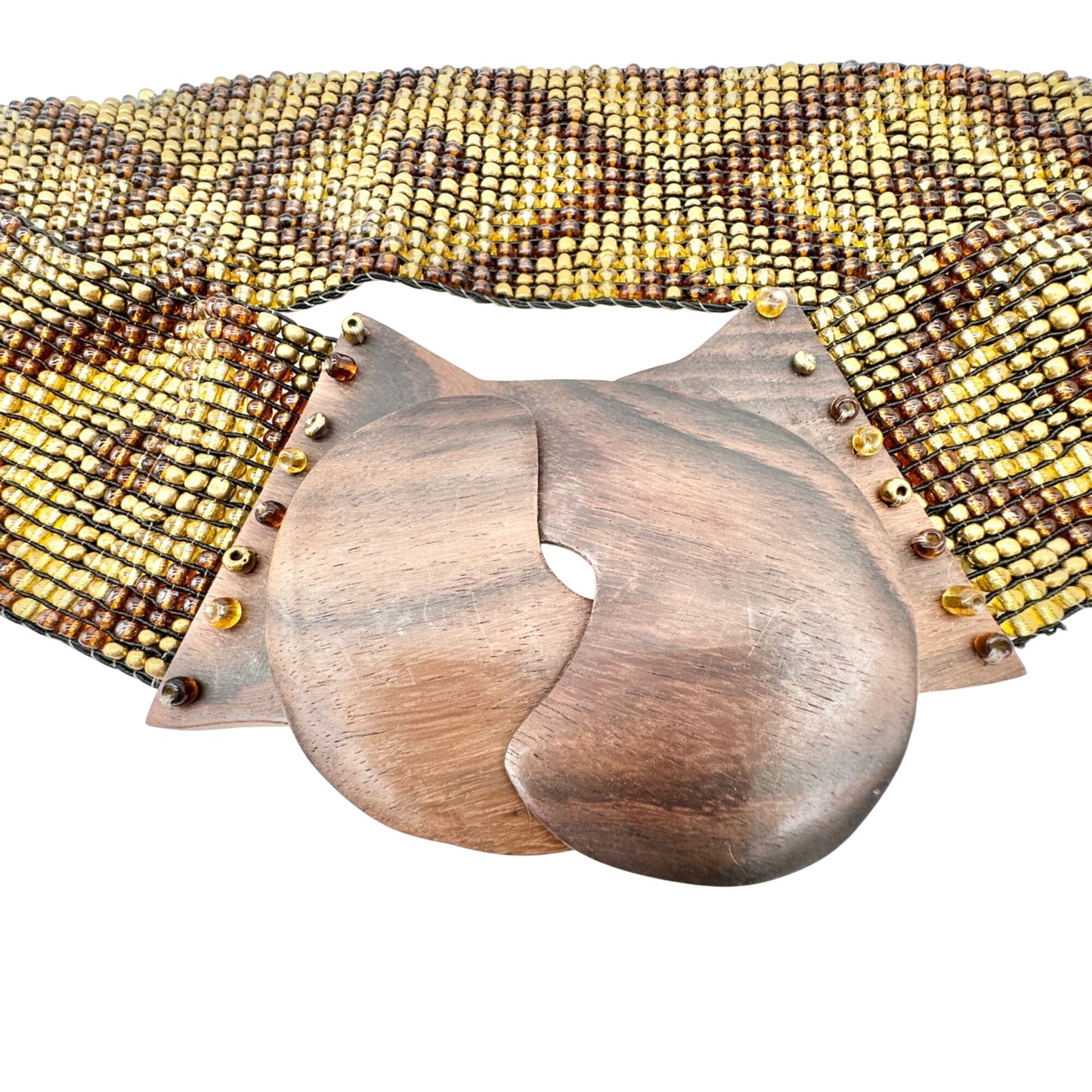 Brown and Gold Beaded Elastic Belt With Wooden Interlocking Buckle 31 Inch Long