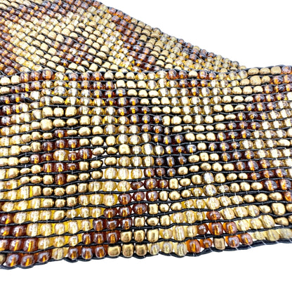 Brown and Gold Beaded Elastic Belt With Wooden Interlocking Buckle 31 Inch Long