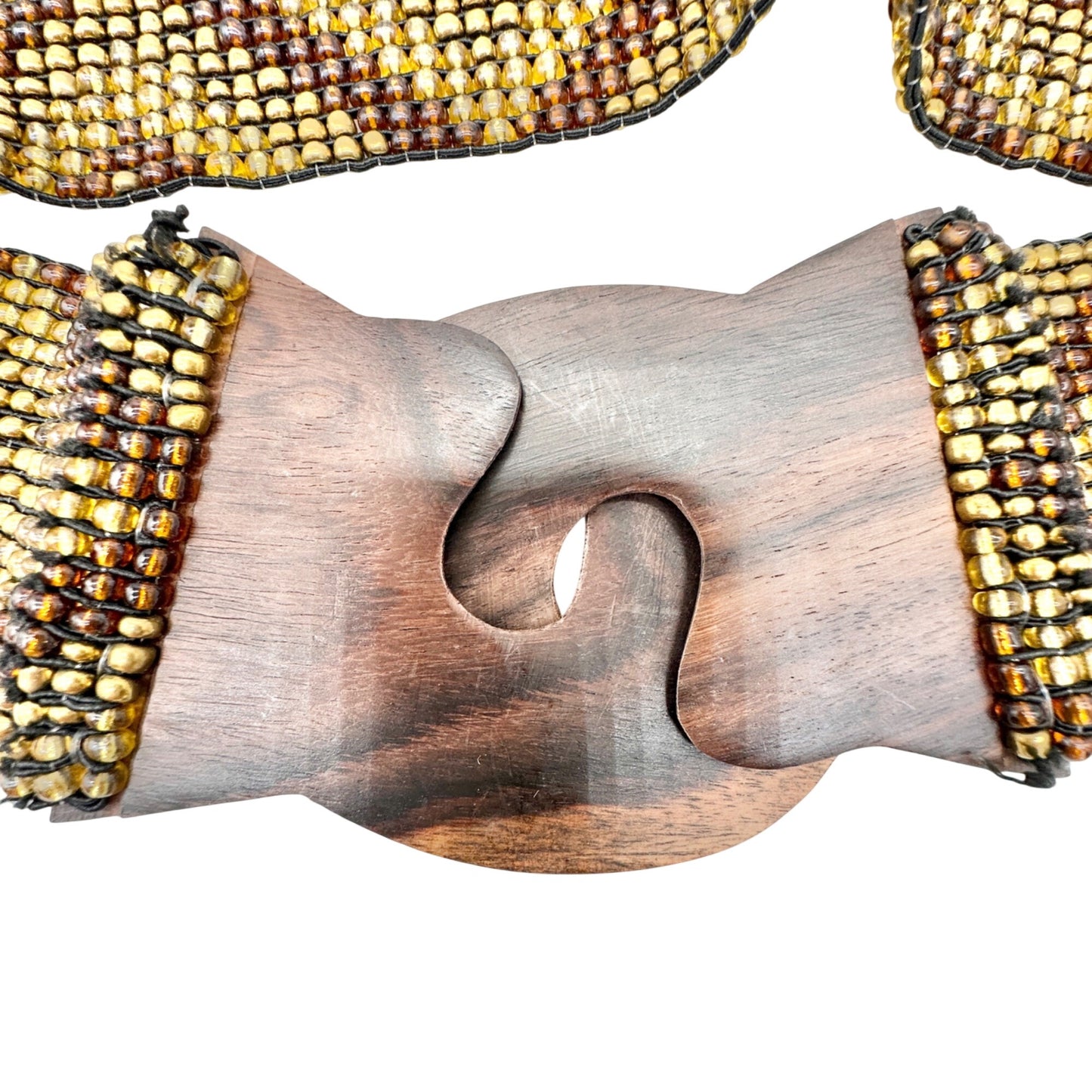 Brown and Gold Beaded Elastic Belt With Wooden Interlocking Buckle 31 Inch Long