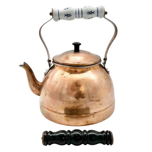 Vintage Copper Tea Kettle With Porcelain and Wooden Interchangeable Handles
