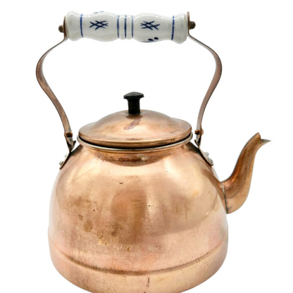 Vintage Copper Tea Kettle With Porcelain and Wooden Interchangeable Handles
