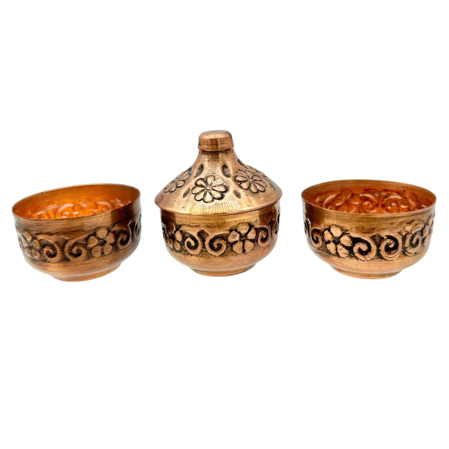 Handcrafted Copper Turkish Snack Or Sugar Bowls With Lid Intricate Design 2" Dia