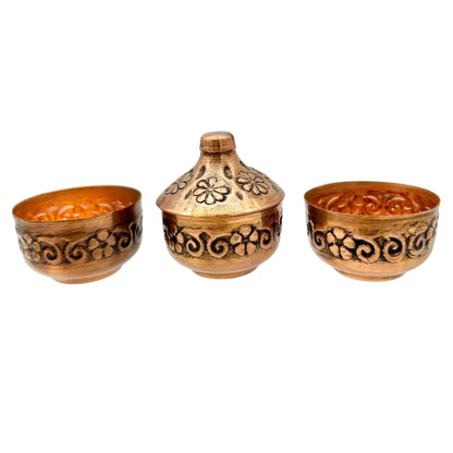 Handcrafted Copper Turkish Snack Or Sugar Bowls With Lid Intricate Design 2" Dia