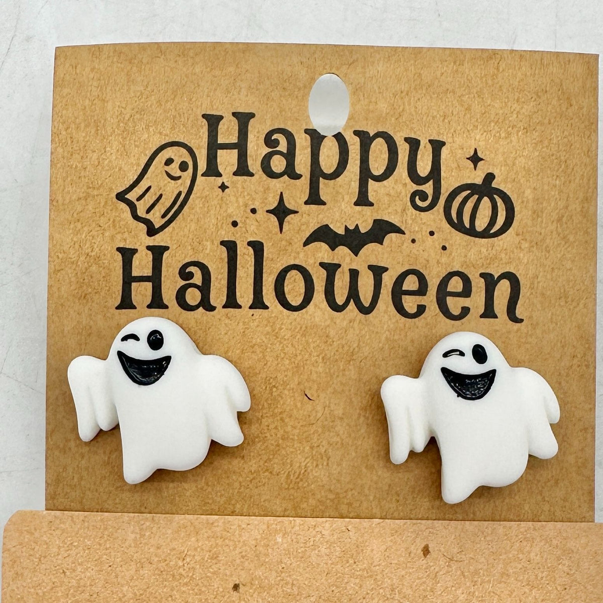Halloween Stud Earrings White Winking Ghosts Plastic Metal Post Backs