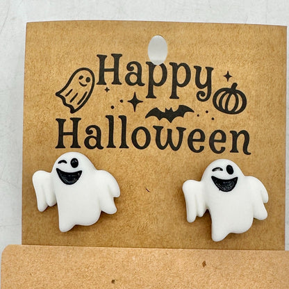 Halloween Stud Earrings White Winking Ghosts Plastic Metal Post Backs