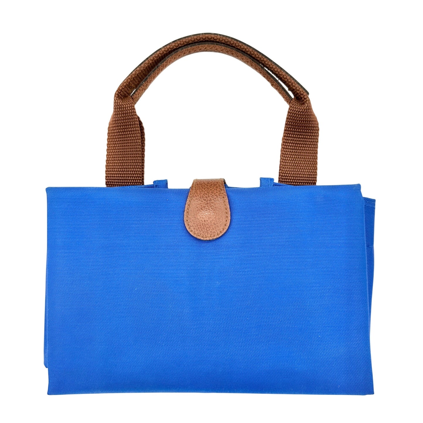 Foldable Canvas Tote Bag In Blue With Brown Handles 15.5 x 15.5 Handy for Travel