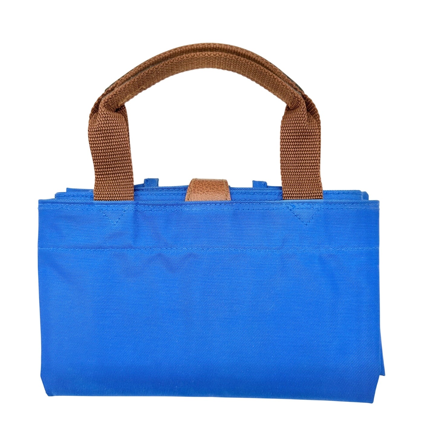 Foldable Canvas Tote Bag In Blue With Brown Handles 15.5 x 15.5 Handy for Travel