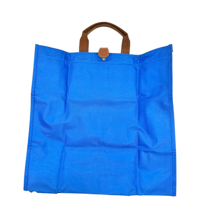 Foldable Canvas Tote Bag In Blue With Brown Handles 15.5 x 15.5 Handy for Travel