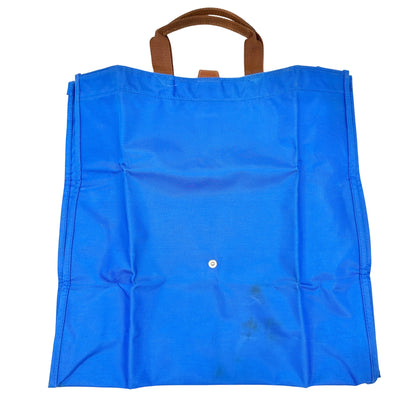 Foldable Canvas Tote Bag In Blue With Brown Handles 15.5 x 15.5 Handy for Travel