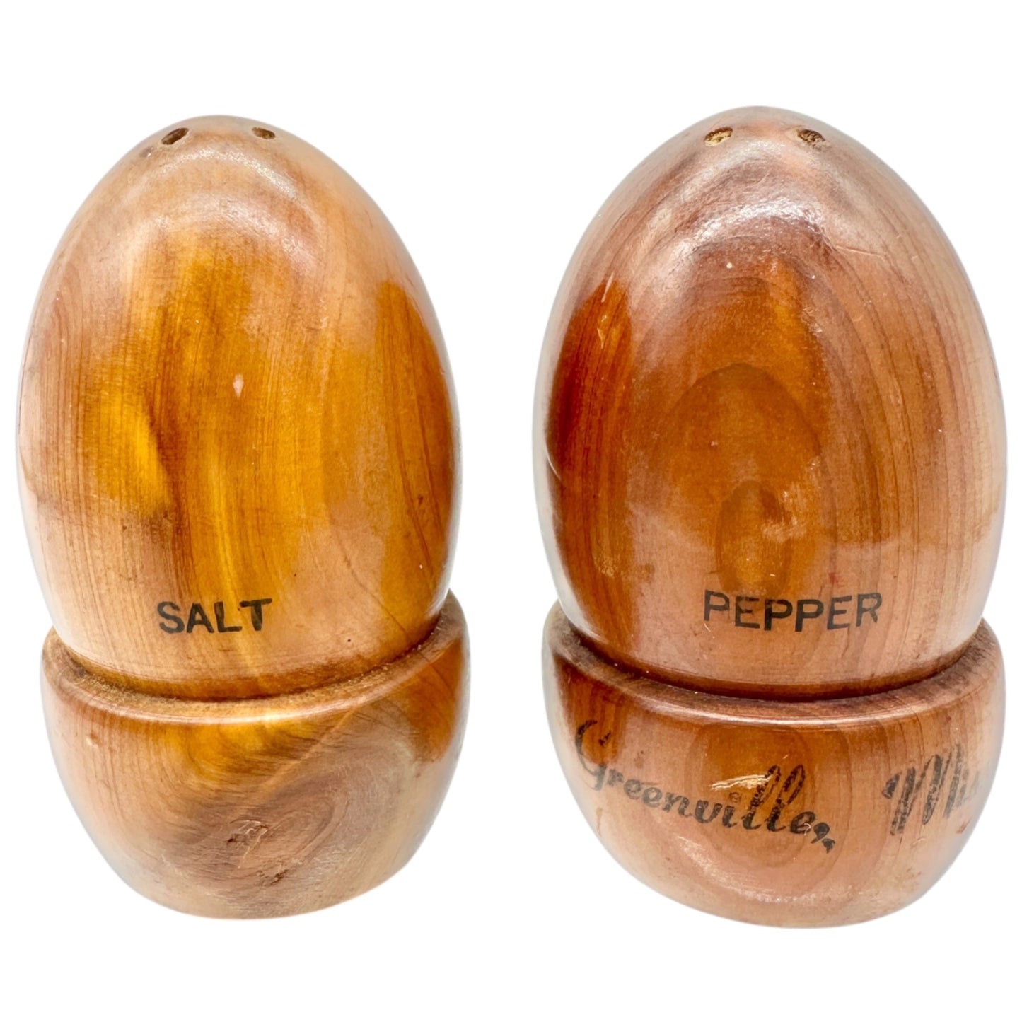 Vintage Wooden Egg Shape Salt and Pepper Shakers Greenville Mississippi Souvenir