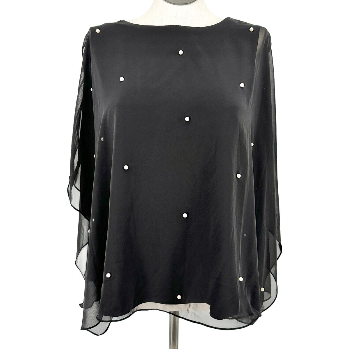 Womens 2X Layered Black Top Cold Shoulder Sheer Overlay Pearl Accents Roz & Ali