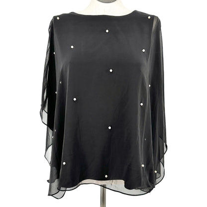 Womens 2X Layered Black Top Cold Shoulder Sheer Overlay Pearl Accents Roz & Ali