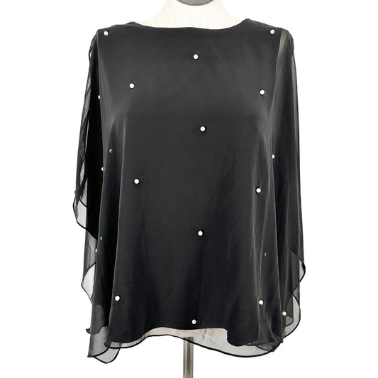 Womens 2X Layered Black Top Cold Shoulder Sheer Overlay Pearl Accents Roz & Ali