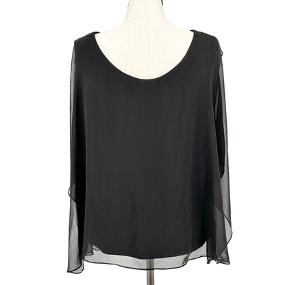 Womens 2X Layered Black Top Cold Shoulder Sheer Overlay Pearl Accents Roz & Ali