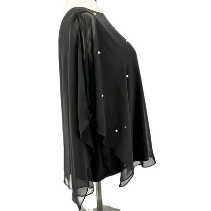 Womens 2X Layered Black Top Cold Shoulder Sheer Overlay Pearl Accents Roz & Ali