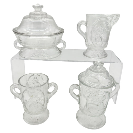 Acorn Kate Greenaway 4 Pc Childs Glass Tableware Set Possibly Crystal Glass Co.