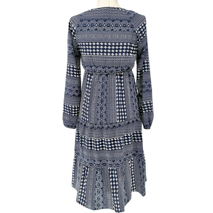 Emery Rose Dress Womens L Bohemian Navy and White Floral Print Long Sleeve