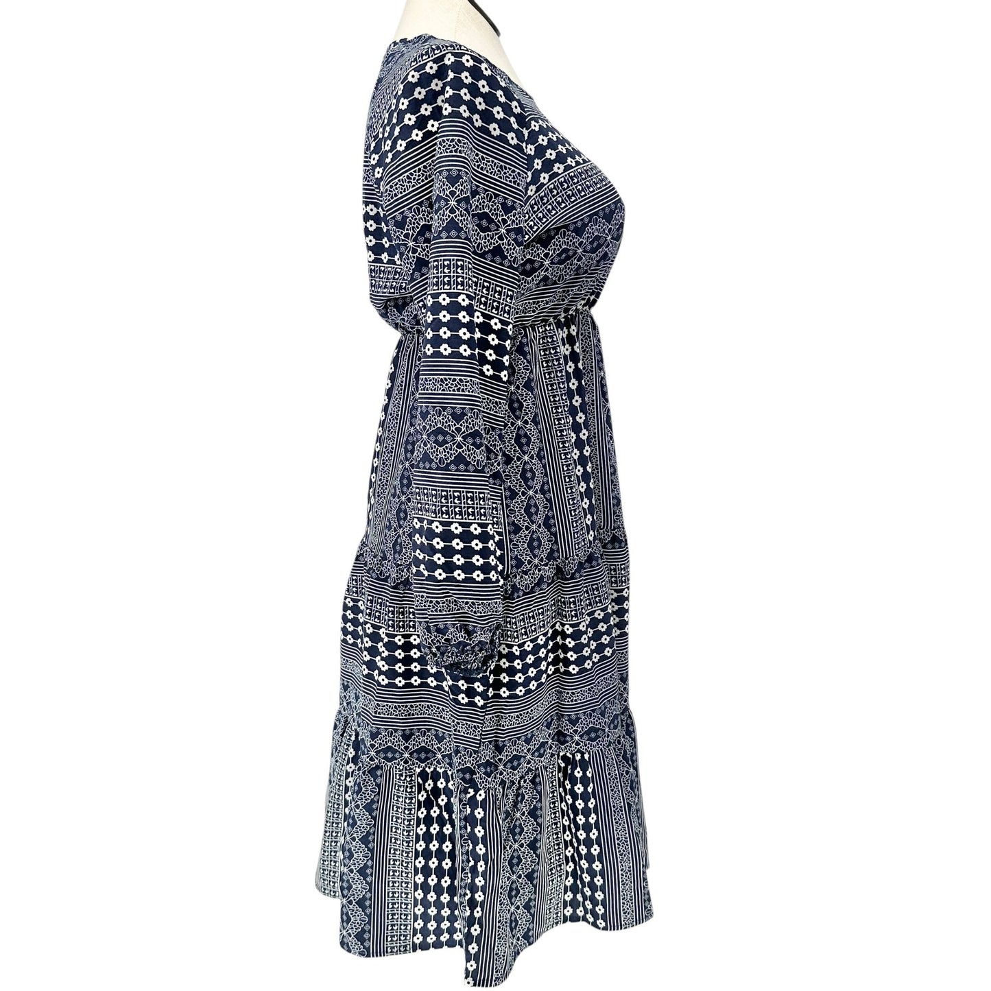 Emery Rose Dress Womens L Bohemian Navy and White Floral Print Long Sleeve