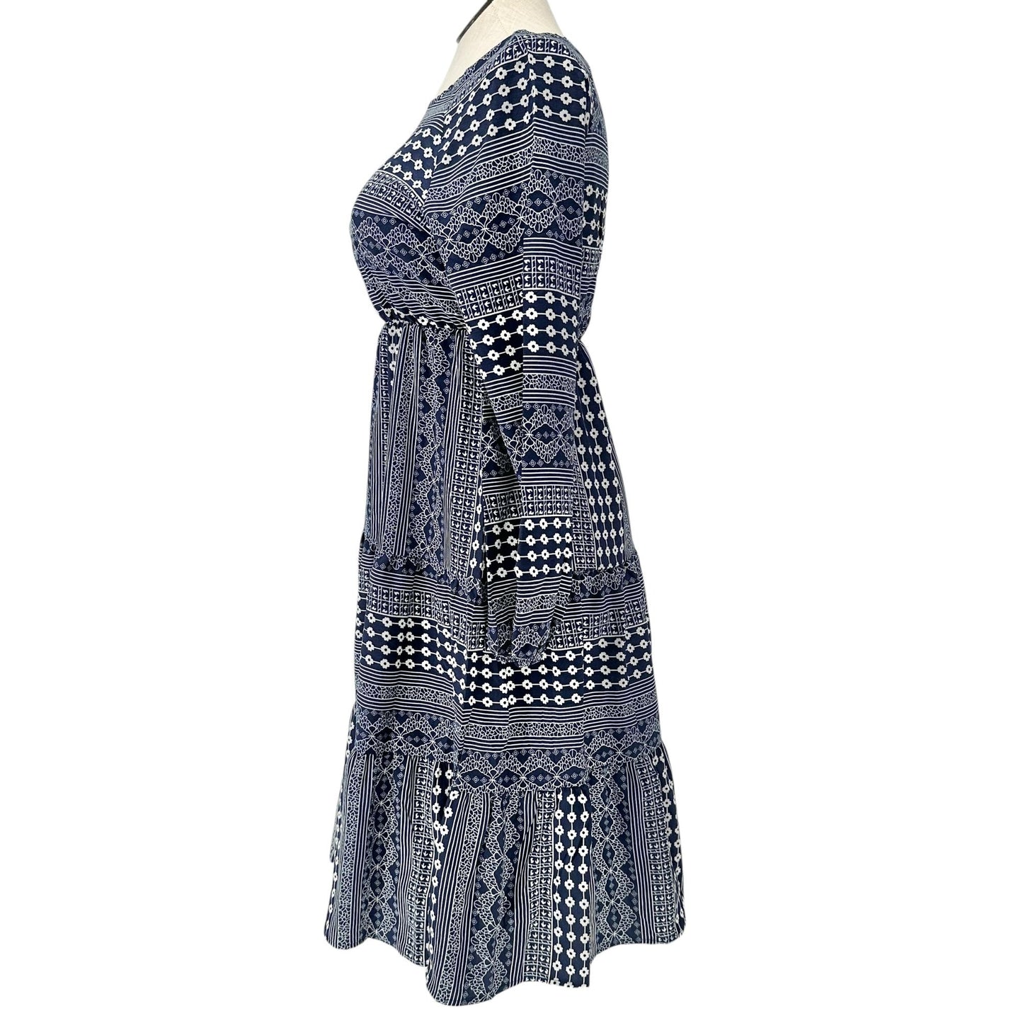 Emery Rose Dress Womens L Bohemian Navy and White Floral Print Long Sleeve