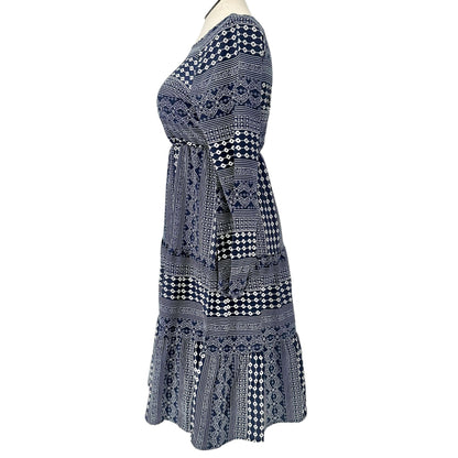 Emery Rose Dress Womens L Bohemian Navy and White Floral Print Long Sleeve