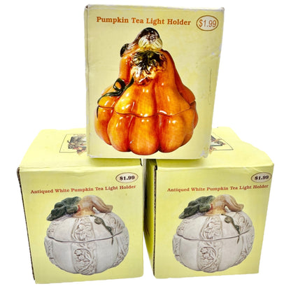 Cracker Barrel Pumpkin Patch Set of 3 Ceramic Tea Light Holders Orange White