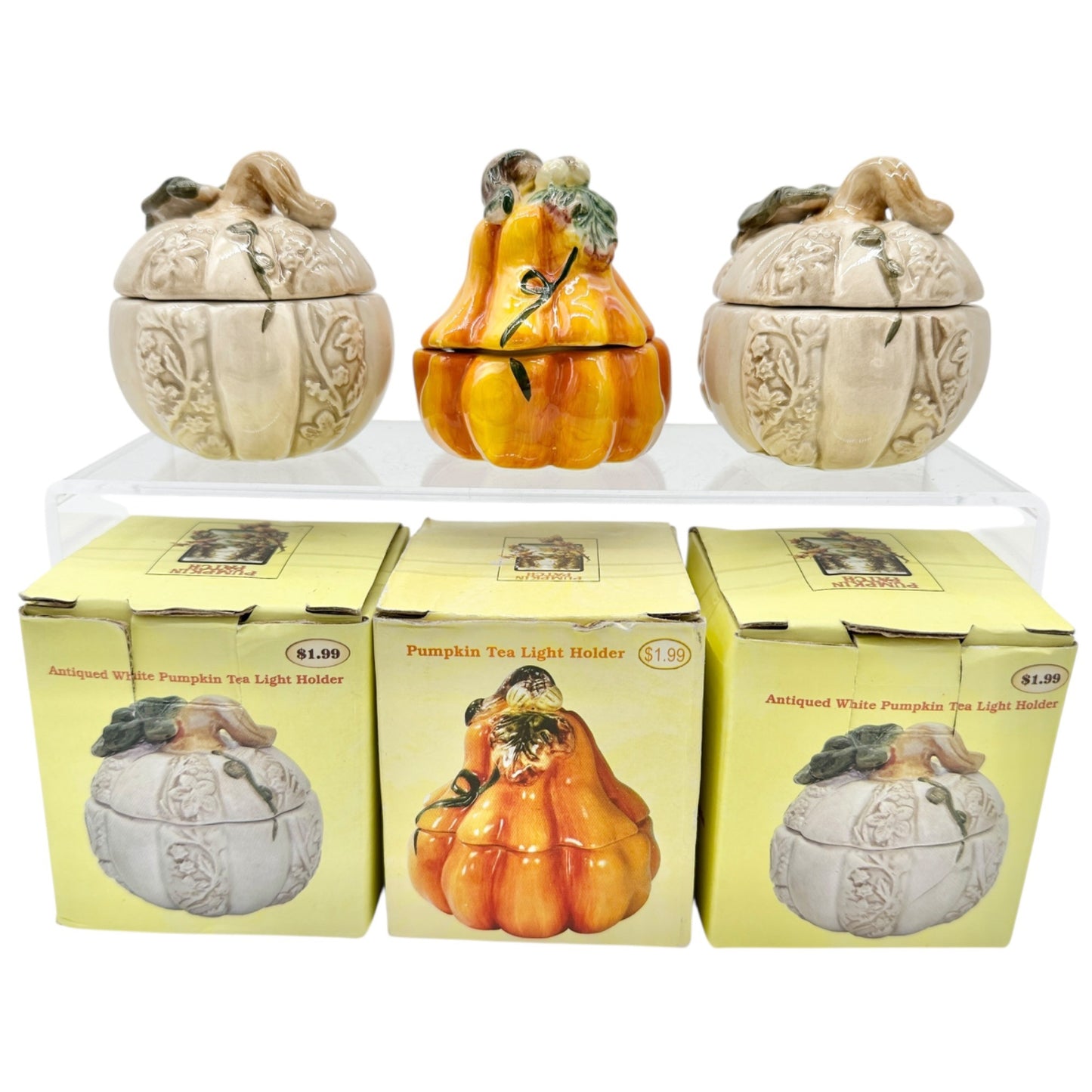 Cracker Barrel Pumpkin Patch Set of 3 Ceramic Tea Light Holders Orange White