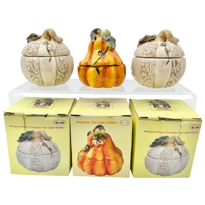 Cracker Barrel Pumpkin Patch Set of 3 Ceramic Tea Light Holders Orange White