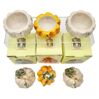 Cracker Barrel Pumpkin Patch Set of 3 Ceramic Tea Light Holders Orange White
