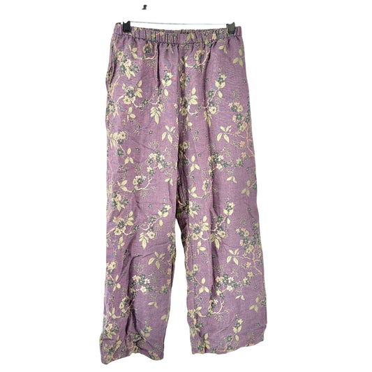 Womens L Wide-Leg Pants Purple Floral Cotton Elastic Waist Boho Chic Relaxed Fit