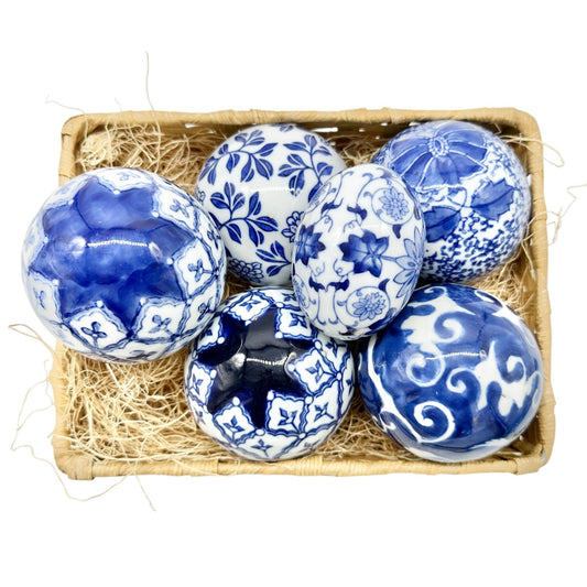 Set Of 6 Blue and White Porcelain Decorative Orbs and Egg Floral Design NO BOX