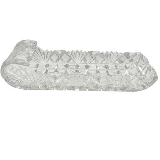 Vintage Cut Glass Rectangular Serving Tray 8 x 3 Diamond Pattern Rolled Edges