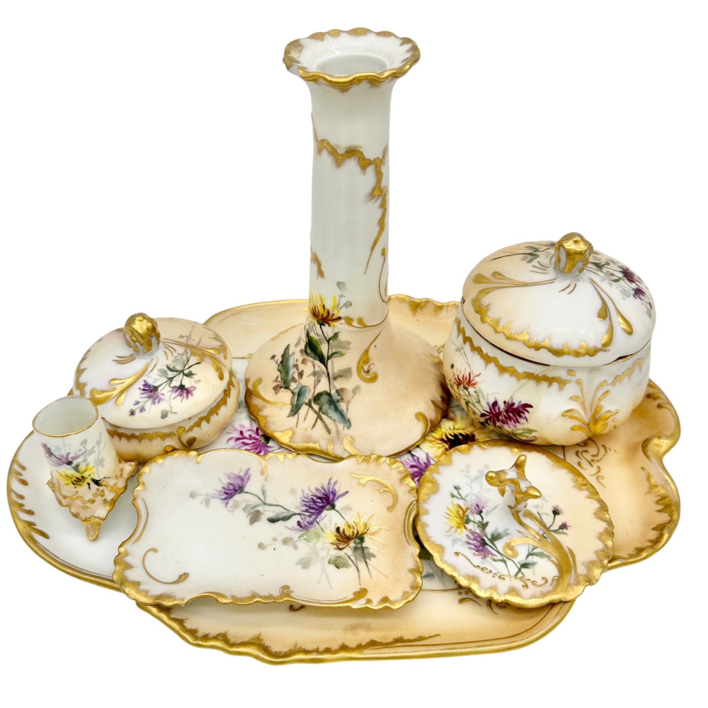 19th Century CFH GDM France Porcelain 7 pc Dresser Set Hand-Painted Floral+Gold