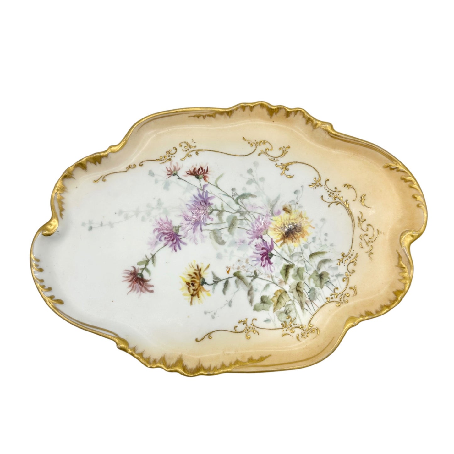 19th Century CFH GDM France Porcelain 7 pc Dresser Set Hand-Painted Floral+Gold