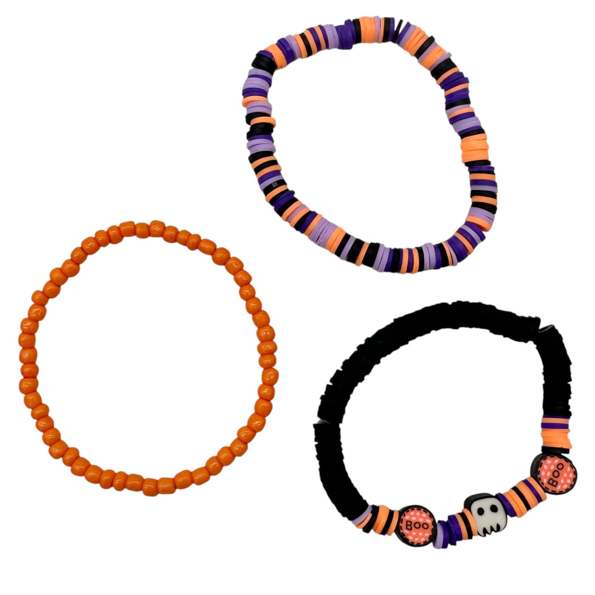 Halloween Festive Fun Beaded Stretch Bracelet Trio Orange Black Purple Boo Ghost