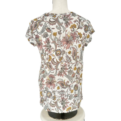 Rachel Zoe Top Womens Small Tan Mauve Floral Linen VNeck Short Sleeve Hi Low Hem