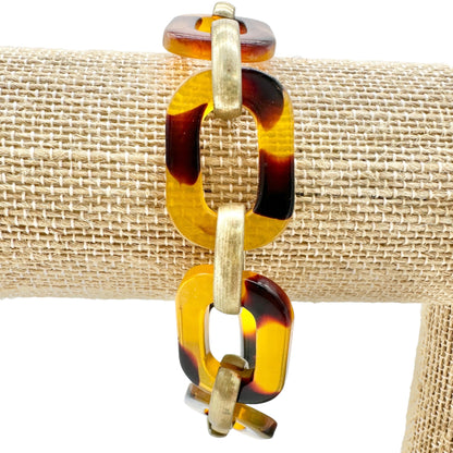 Tortoise Shell and Gold Tone Acrylic Link Bracelet With Toggle Clasp 7 Inch Long