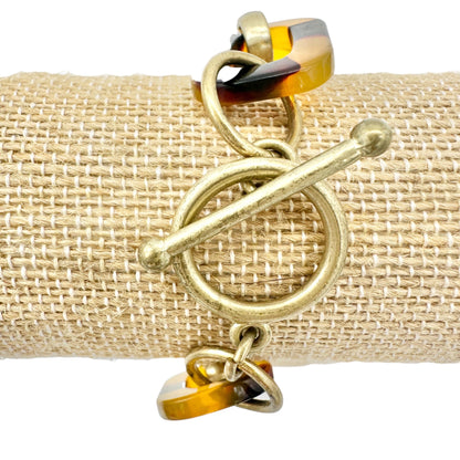 Tortoise Shell and Gold Tone Acrylic Link Bracelet With Toggle Clasp 7 Inch Long