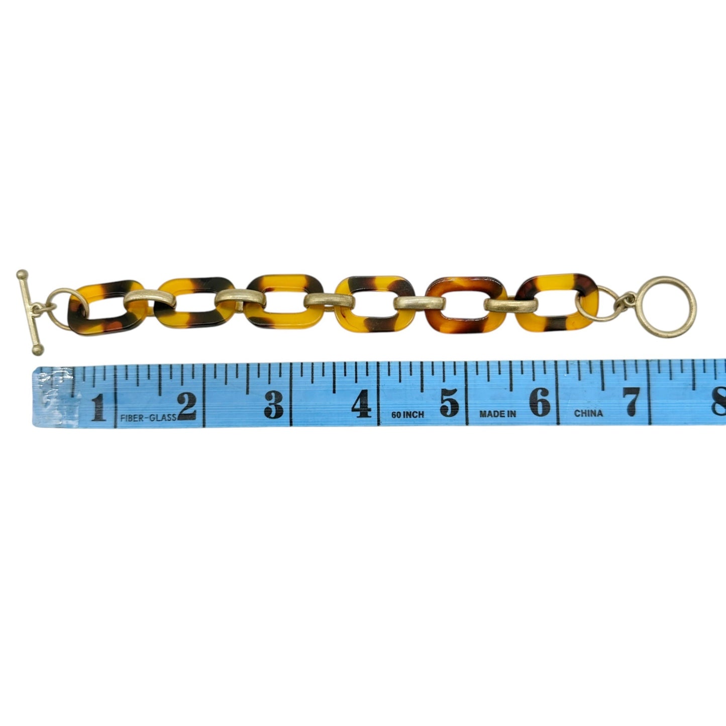 Tortoise Shell and Gold Tone Acrylic Link Bracelet With Toggle Clasp 7 Inch Long
