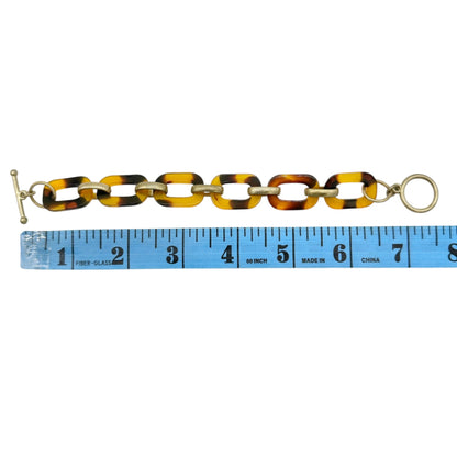 Tortoise Shell and Gold Tone Acrylic Link Bracelet With Toggle Clasp 7 Inch Long