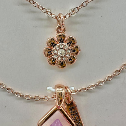 14KT Gold Flash Plated Layered Necklace Set Amethyst Crystal Flower Pendant