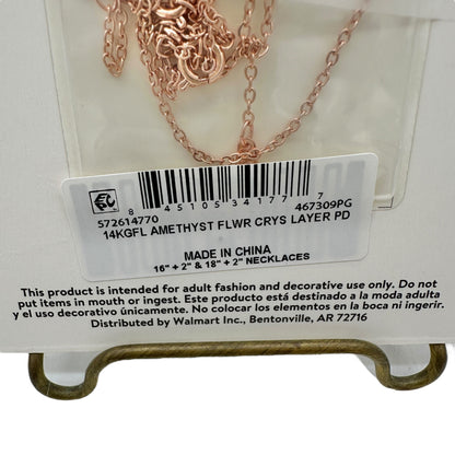 14KT Gold Flash Plated Layered Necklace Set Amethyst Crystal Flower Pendant