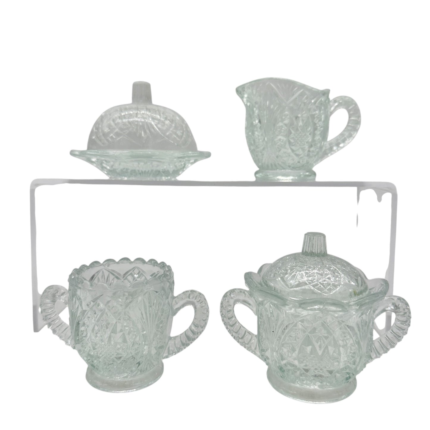Vintage 4 Piece Childrens Tableware Set Arrowhead In Ovals Clear Glass